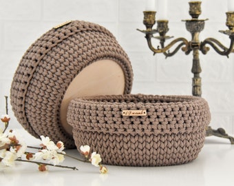 Crochet round  basket plate, Rope basket, Home storage organizer
