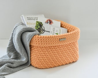 Square basket, Crochet knitted basket, Wardrobe storage, Peach color