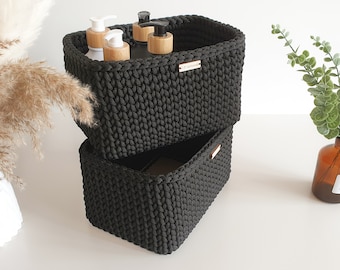 Rectangular Rope Basket with Wooden Base - Black Crocheted Bathroom Storage Box.
