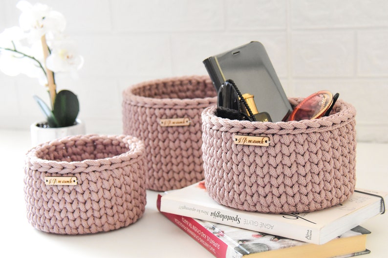 Crochet baskets, Round storage basket, Dusty rose, christmas gift ideas image 4