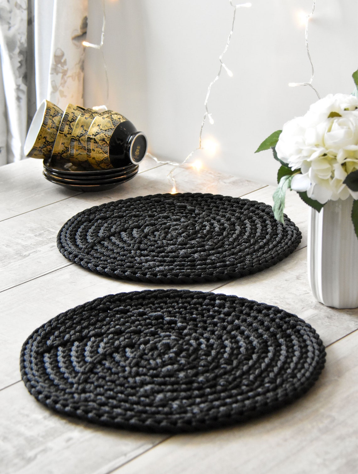 Crochet black rustic table placemats christmas place mats Etsy