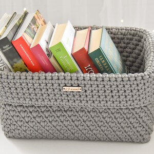 Wood bottom crochet basket / Rectangle book basket/ Crochet storage bin/ Fabric box image 5