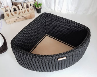 Stylish Black Triangle Corner Shelf Basket - Practical Storage Solution - Handcrafted Crochet Rope Basket