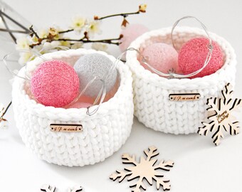 White baskets, Set of 2, Christmas gift ideas, Round crochet basket