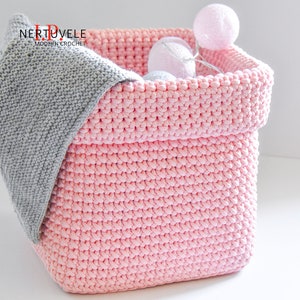 Crochet pink basket, Handmade square storage