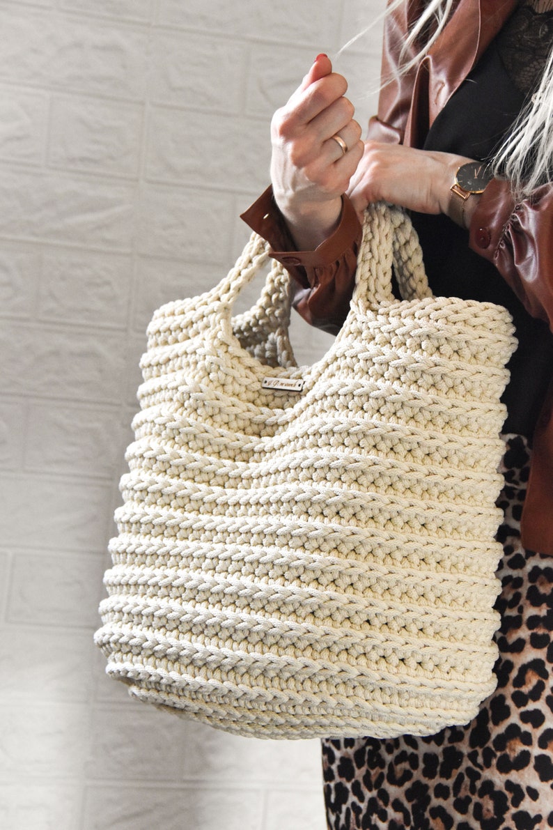 Crochet rope bag, Summer cream tote/ dusty rose bag image 3