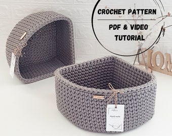 Crochet corner basket PATTERN, Handmade basket PDF & VIDEO tutorial, Corner storage organizer
