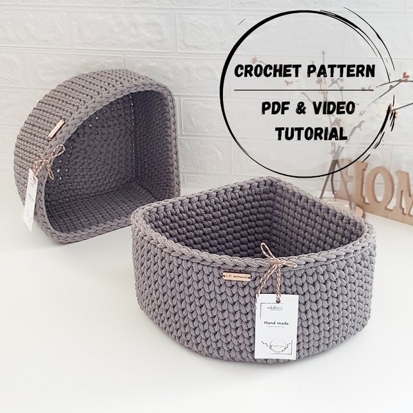 Crochet corner basket PATTERN, Handmade basket PDF & VIDEO tutorial, Corner storage organizer