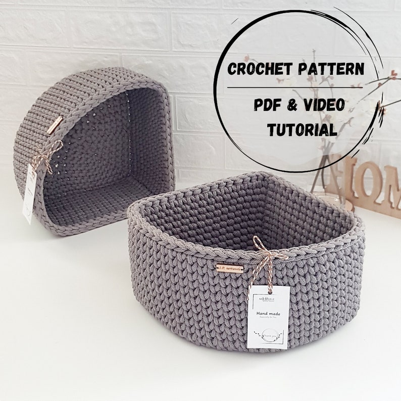 Crochet corner basket PATTERN, Handmade basket PDF & VIDEO tutorial, Corner storage organizer image 1