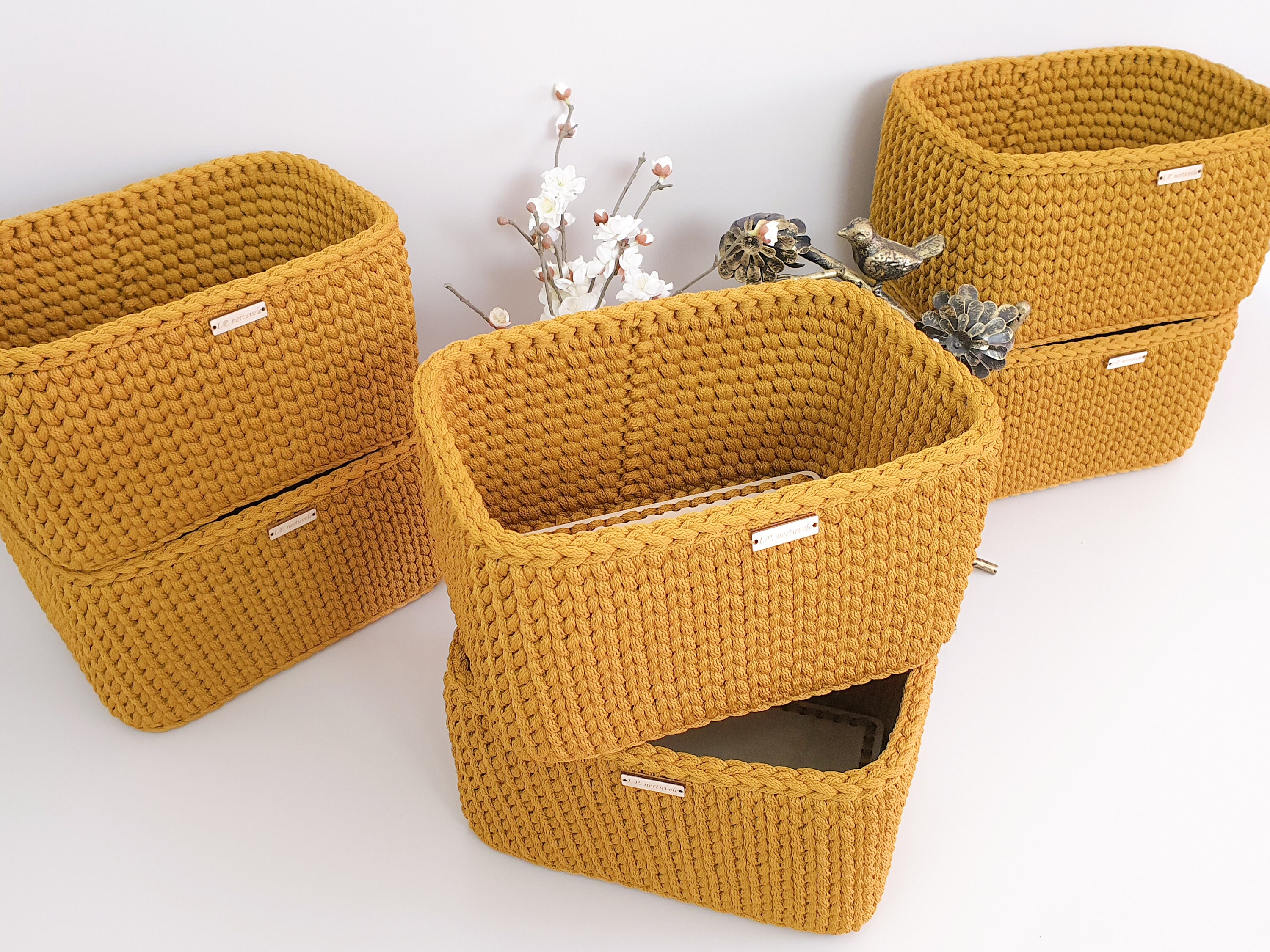 Rectangular Storage Baskets for Shelves With Solid Wooden Bases