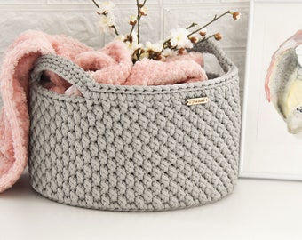 Rope nursery basket, Large interior basket, Round crochet basket, Handmade storage bin, Stuff basket