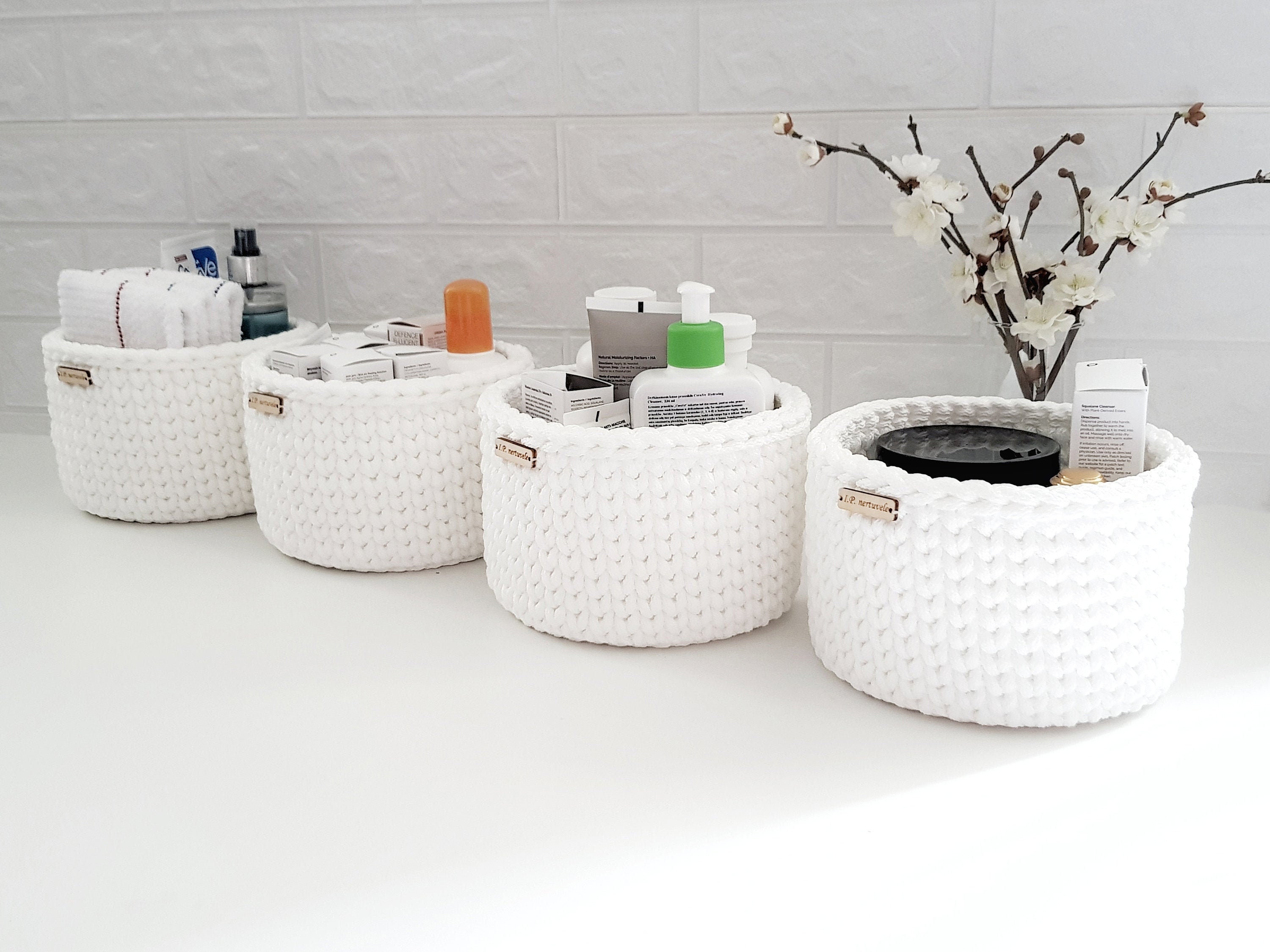 Bathroom Basket Bin Crochet White Basket Organizer Towels 