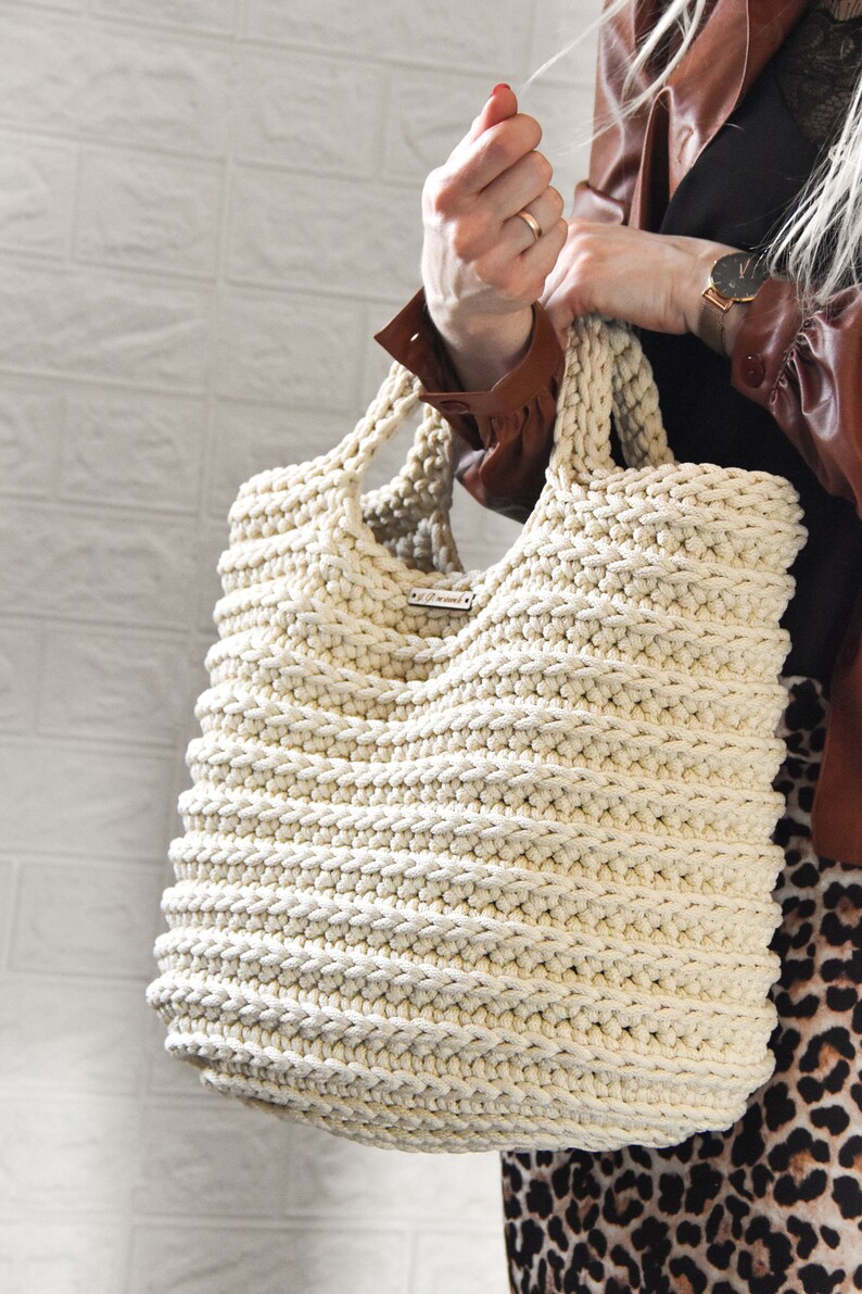 Sacs au crochet faits à la main, sac fourre-tout d'été, grand sac à main crème. image 5