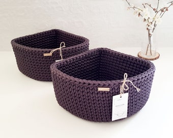 Dark grey basket, Crochet corner storage,  Triangle rope basket, Storing storage organizer, Shelves basket