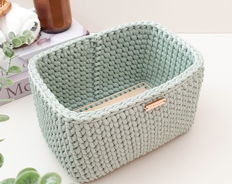 Crochet Rope Basket with Wooden Base: Mint Green Organizer