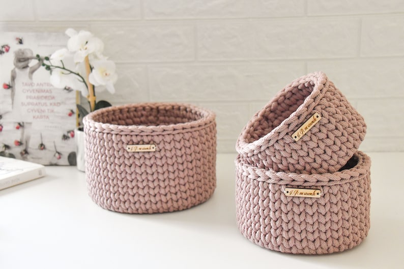 Crochet baskets, Round storage basket, Dusty rose, christmas gift ideas image 5