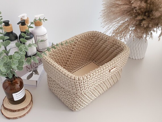 Large Crochet Rope Basket With Wooden Base Neutral Color Bathroom Organizer  and Storage 