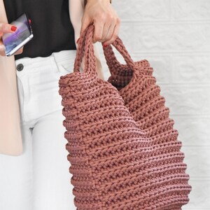 Crochet rope bag, Summer cream tote/ dusty rose bag image 4