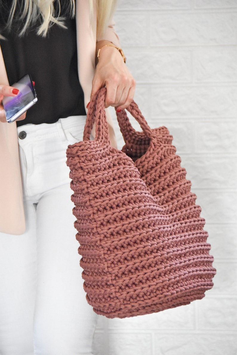 Crochet rope bag, Summer cream tote/ dusty rose bag image 4