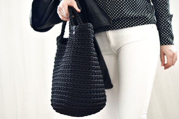 Handmade handbag, Crochet black tote Bag, Scandinavian style purse, Gift for woman