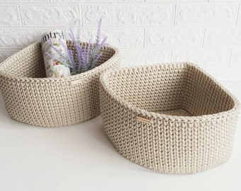 Triangle corner shelves basket, Natural color rope baskets, Crochet handmade storage