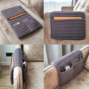 May include: Gray crocheted couch armrest organizer with multiple pockets. The organizer is shown on a brown couch with a remote control, glasses, and a phone in the pockets.