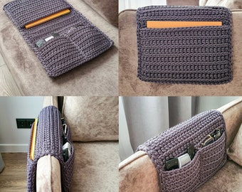 Hanging Armchair TV Caddy & Remote Control Holder - Sofa Armrest Organizer - Crocheted Bedside Storage Bag