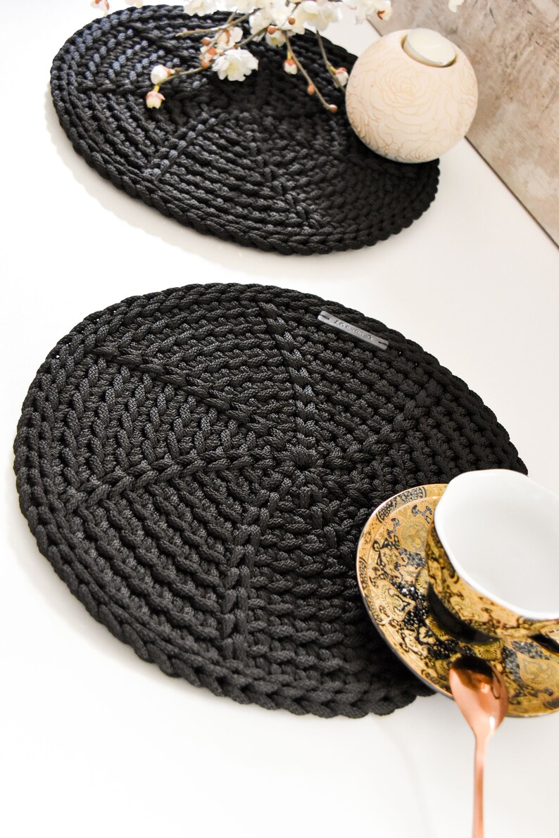Crochet Round Table Mats Plates Placemats Black Christmas Etsy