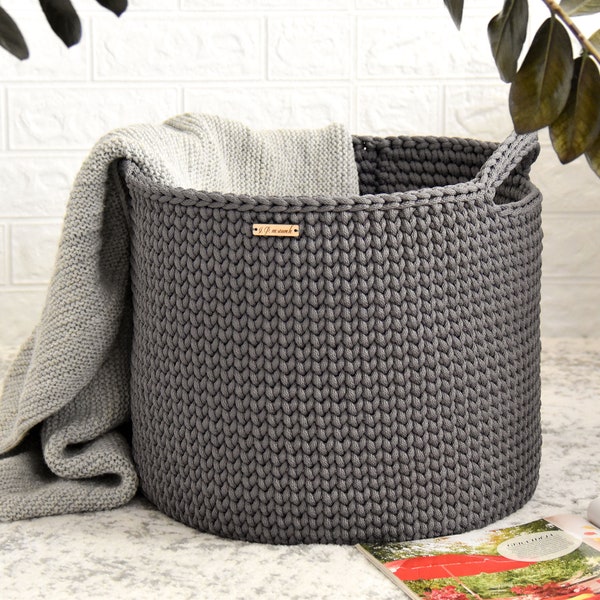 Crochet Big Basket, Graphite basket with handles, Laundry Basket, Modern Home Storage