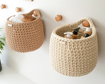Crochet Wall Hanging Storage Basket in Earthy Colors for Nursery Decor or Bathroom Storage