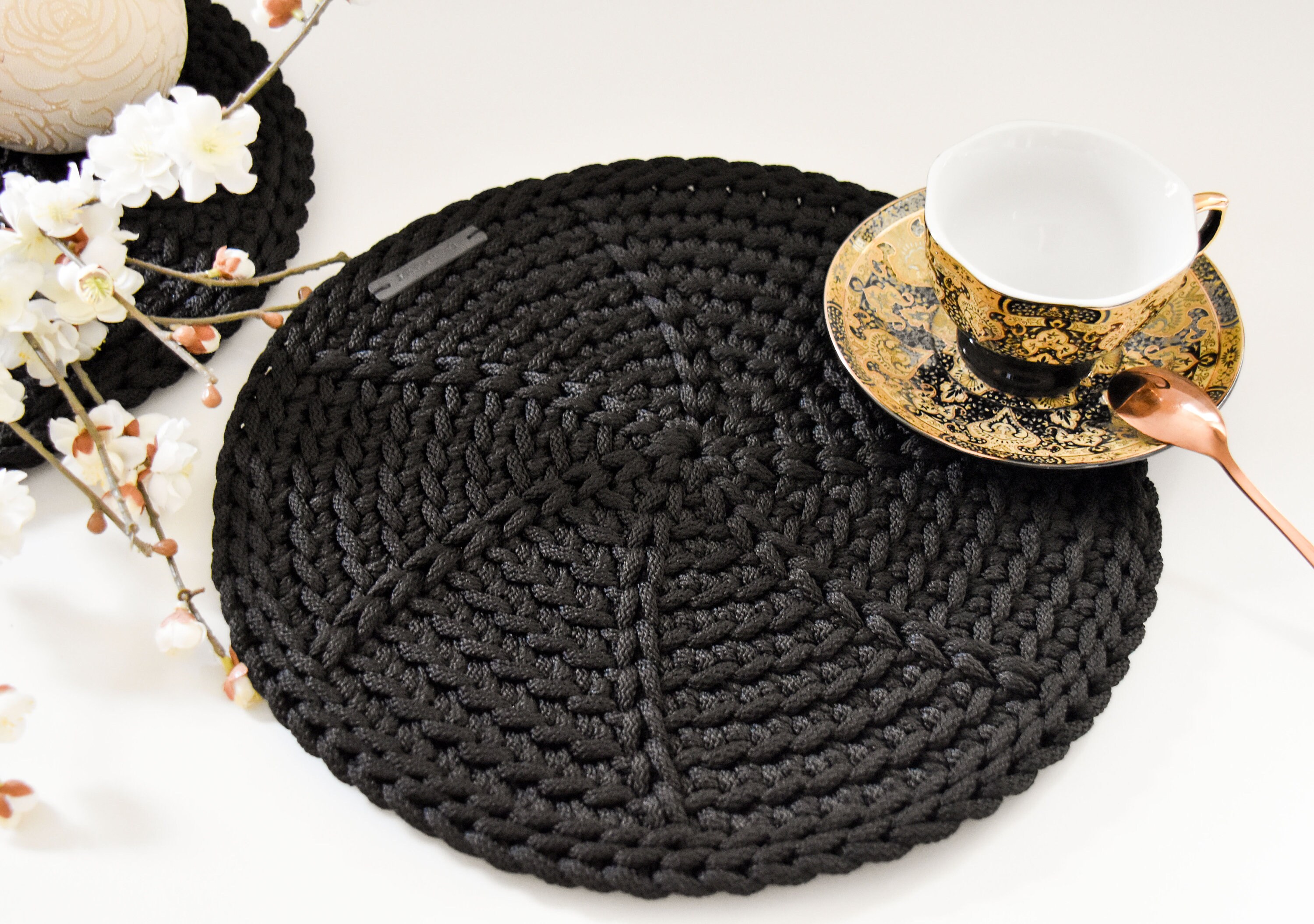 Crochet Round Table Mats Plates Placemats Black Christmas Etsy
