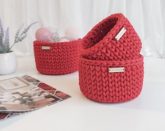 Crochet Red Basket Set: Polyester Rope Storage Baskets