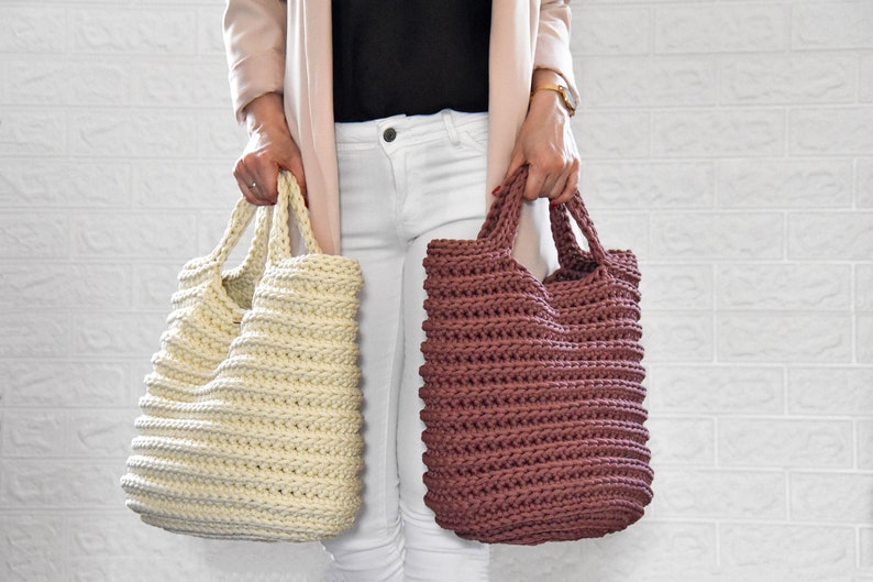 Crochet rope bag, Summer cream tote/ dusty rose bag image 1