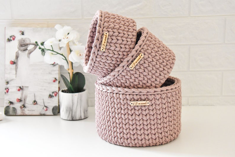 Crochet baskets, Round storage basket, Dusty rose, christmas gift ideas image 1