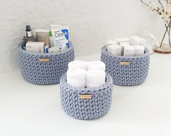 Juego de cestas de baño, cestas de toallas, cestas de cosméticos, cesta de ganchillo para joyería, almacenamiento de cosas redondas hechas a mano