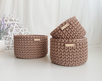 Round basket set, Yarn crochet basket, Bathroom basket bin