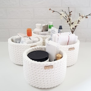 Bathroom basket bin, Crochet white basket organizer, Towels basket, Cosmetics basket, Handmade stuff storage, Rope basket bowl