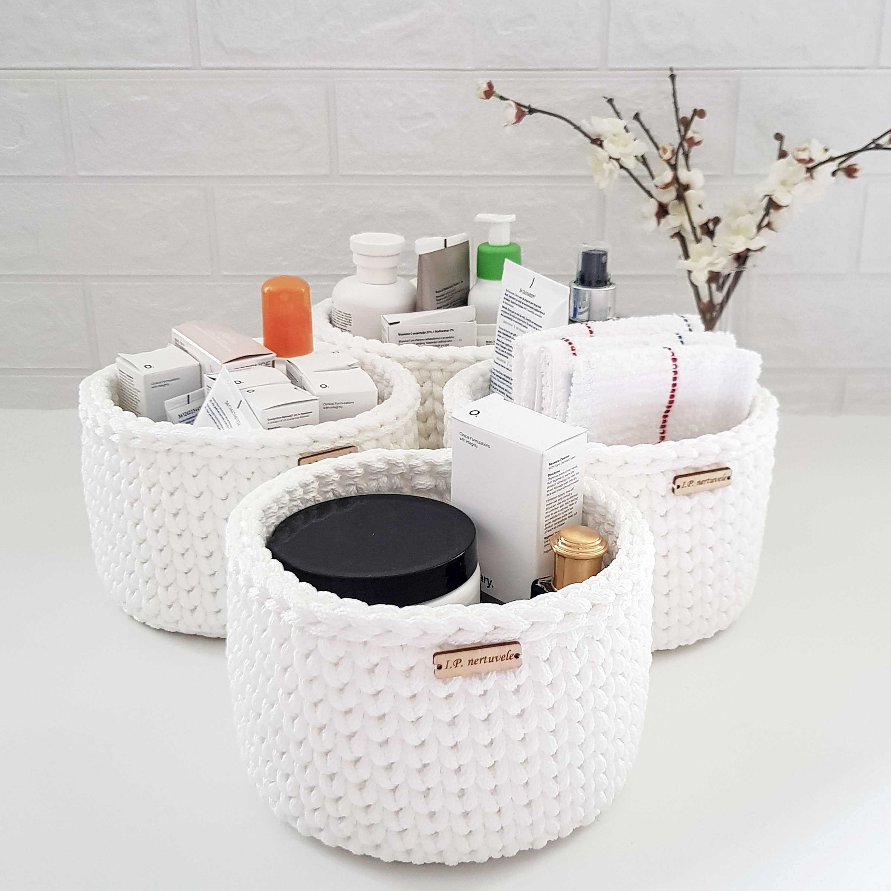 Cestino In Corda Di Cotone Bianco 19x15x12cm - Portaoggetti Per Bagno, Camera Bambini, Armadio