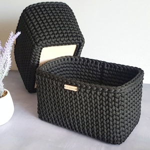Black rectangular crochet, Organizer basket, Wooden base
