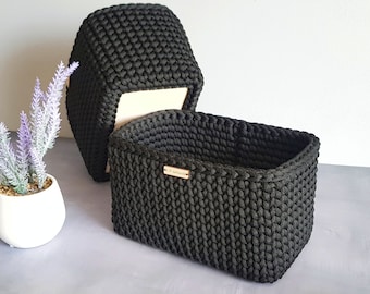 Black rectangular crochet, Organizer basket, Wooden base