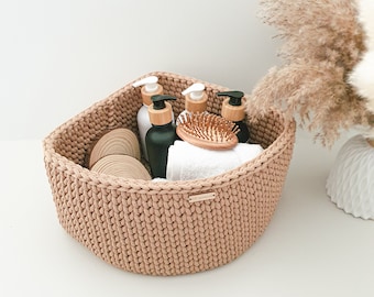 Crochet Corner Basket: Beige Triangle Shelf Organizer