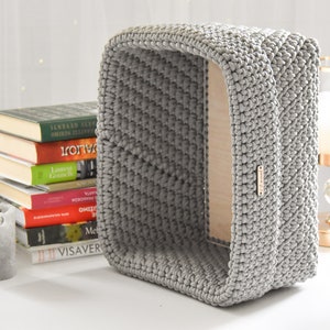 Wood bottom crochet basket / Rectangle book basket/ Crochet storage bin/ Fabric box image 2