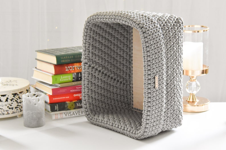 Wood bottom crochet basket / Rectangle book basket/ Crochet storage bin/ Fabric box image 2