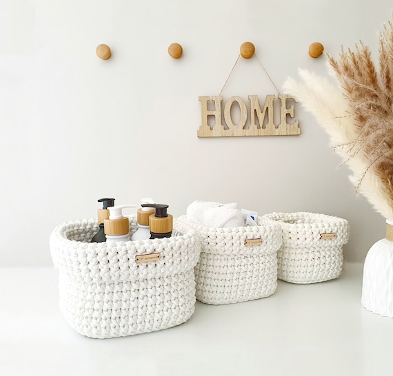 Crochet Basket Set of 3 - Square Bathroom Organizer - White Storage Solution