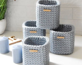 Small baskets for bathroom shelves, Crochet minimal style storage, Square yarn basket