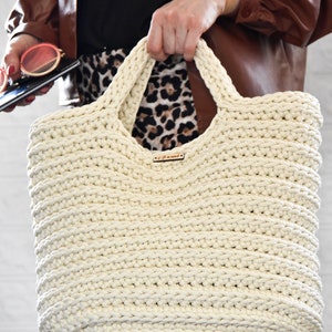 Sacs au crochet faits à la main, sac fourre-tout d'été, grand sac à main crème. image 4