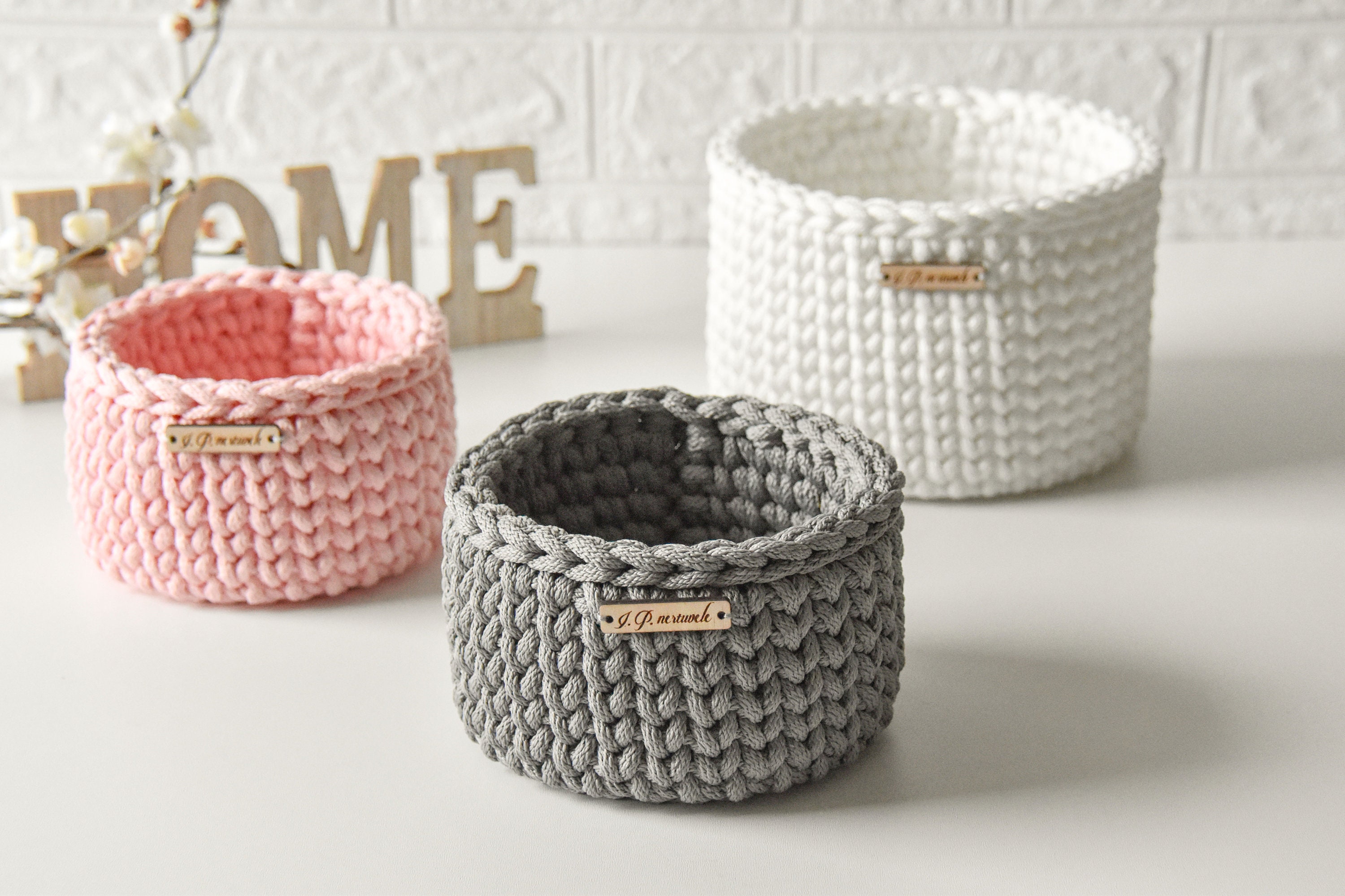 Crochet Organizer Basket Yarn Storage White Pink Grey Etsy