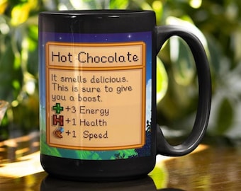 Stardew Valley Hot Chocolate Stats Black Mug Pixel Gift Video Gamer, Retro Gaming Video Game Coffee Mug, Farm Adventure Stardew Valley Gift