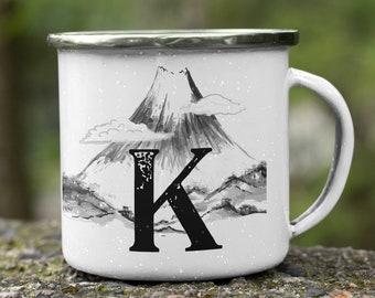 Letter K custom campfire mug, Monogram mug unique camping gifts, Fall coffee mug 12 enamel, Custom camp mugs minimalist gift nature mug