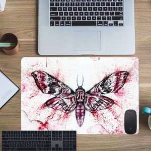 Moth art print pink butterfly art print large desk mat gaming mouse pad, Custom mouse pad personalized mouse pad unique desk mat